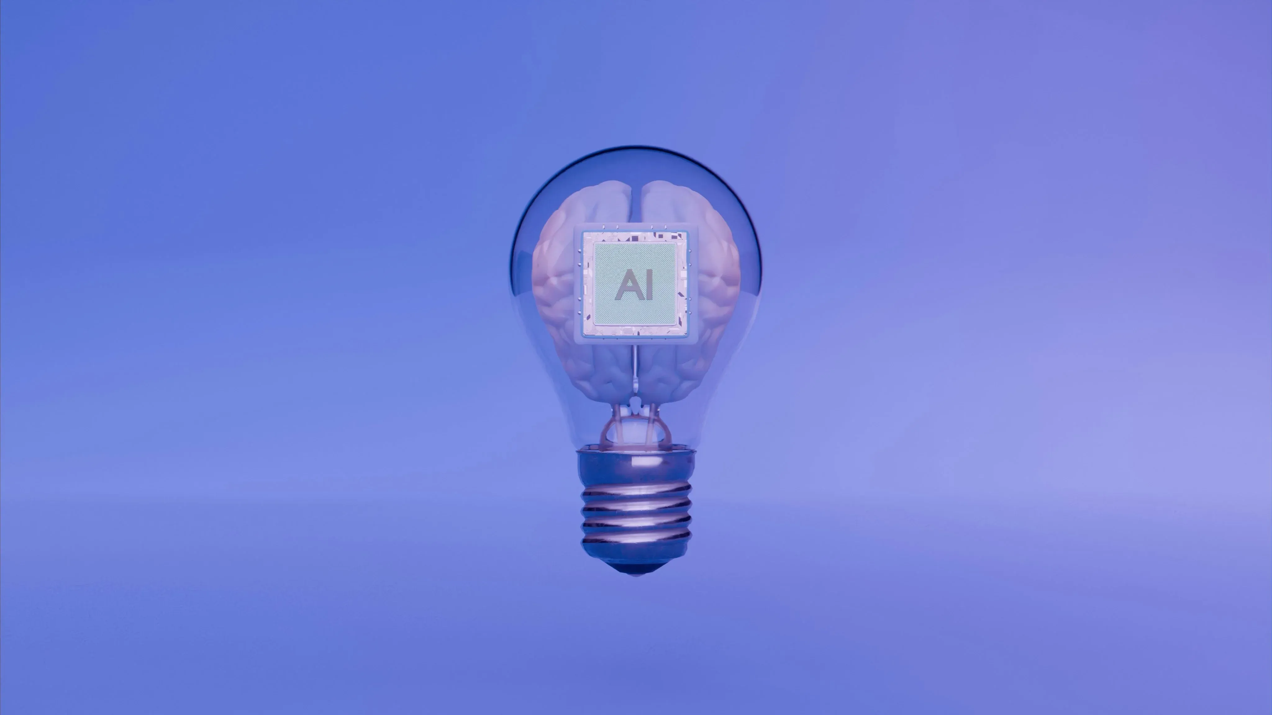 A lightbulb containing a brain and a chip marked AI, floating against a violet background