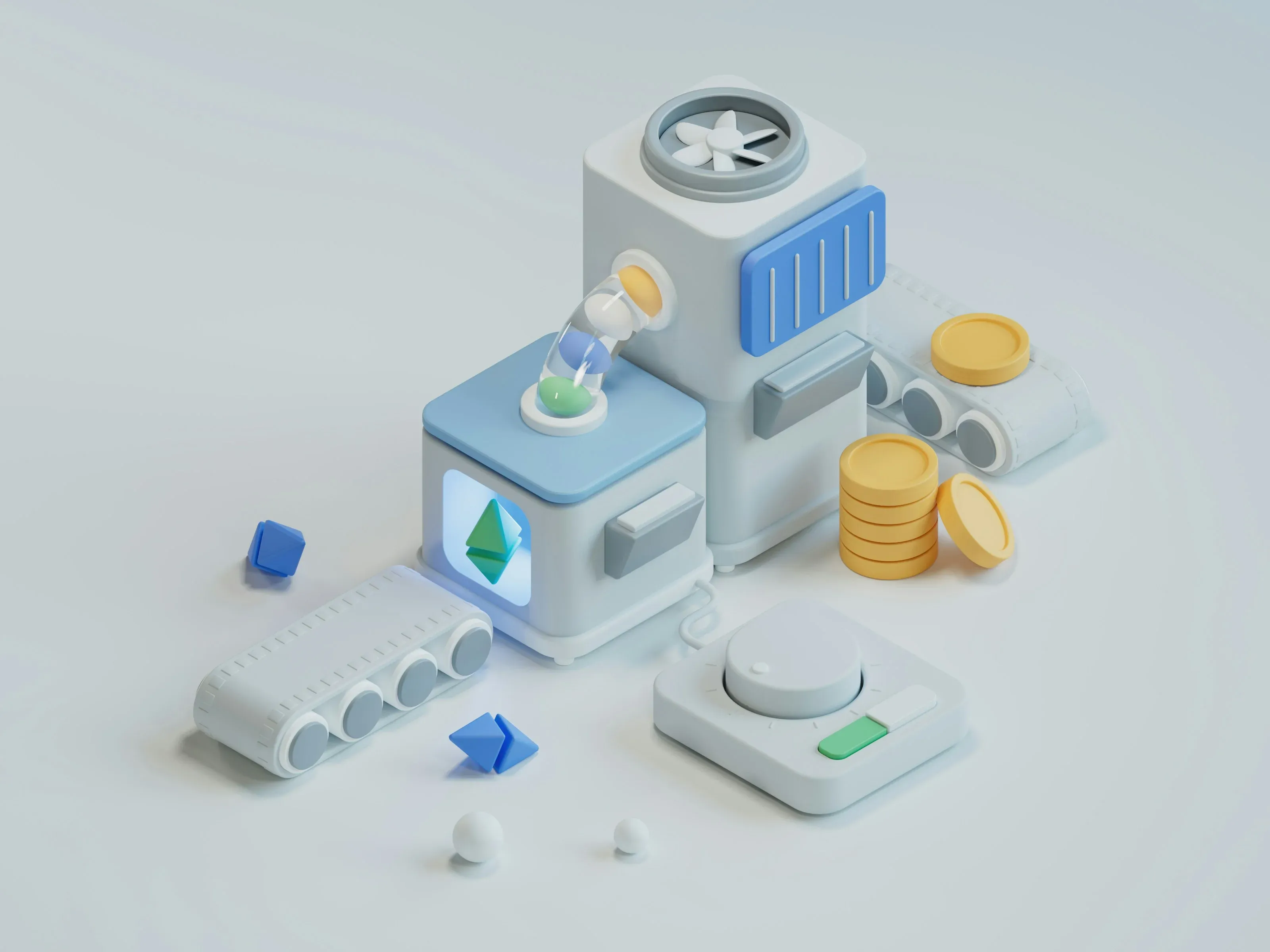 An isometric illustration of a machine feeding conveyor belts that carry stacks of coins